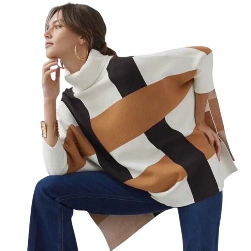 Anthropologie Colorblock Knit Poncho Sweater One Size Brown White Roll Neck Cozy